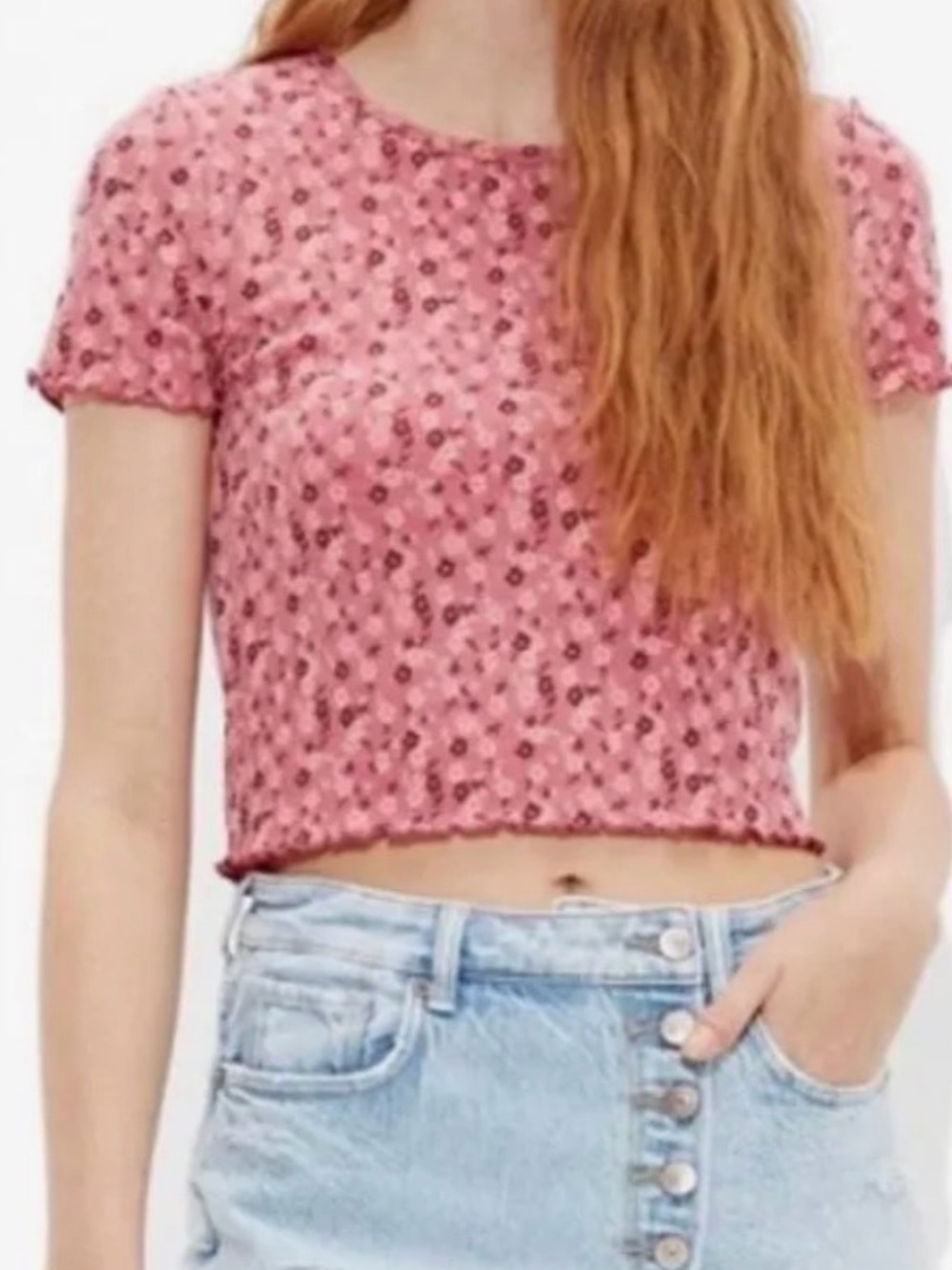 American Eagle Outfitters Pink Floral Ribbed Crop Top